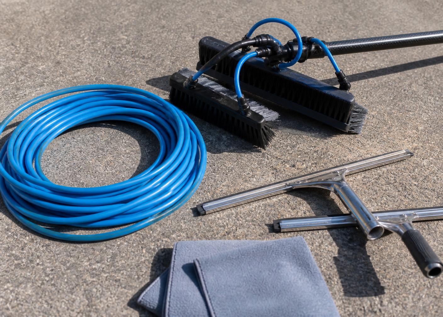Water-fed pole, hose and squeegees used for window cleaning in Nottingham